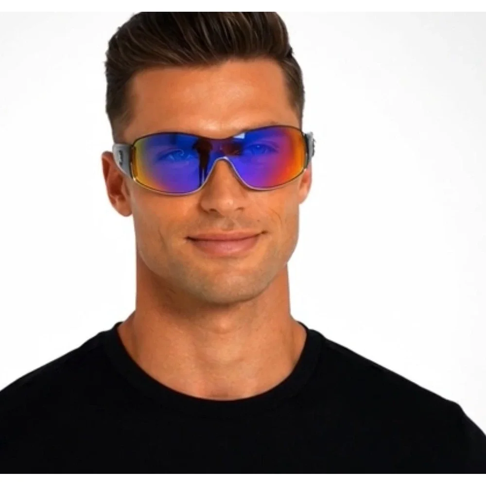 Men Black Shield Wrap Sunglasses Blue Orange Mirror Lens Fishing Performance New